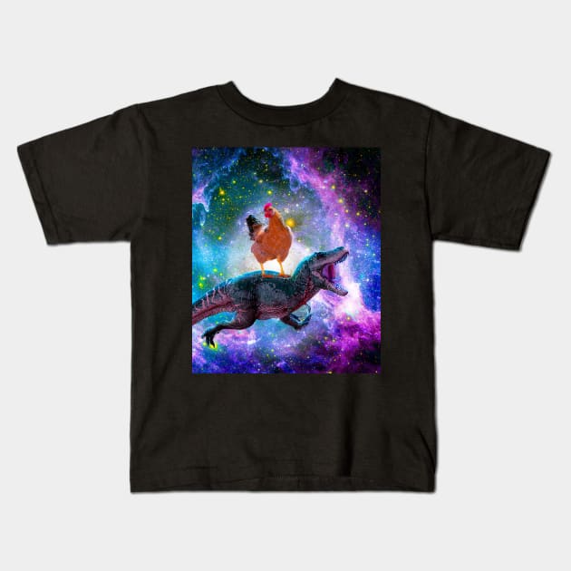 Chicken Riding Dinosaur In Space Kids T-Shirt by Random Galaxy